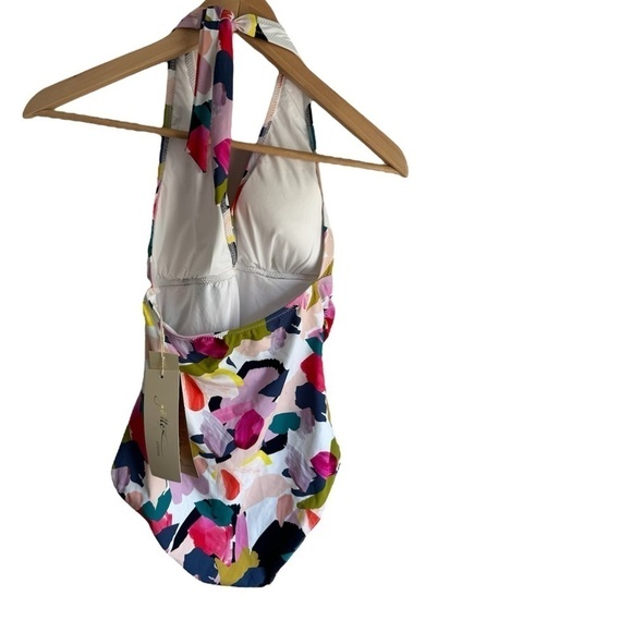 Gottex Halter One Piece Swimsuit Canvas Print Multi 8 White Pink Green - Picture 5 of 5